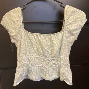 Ruffled, square neck line, green floral crop top shirt